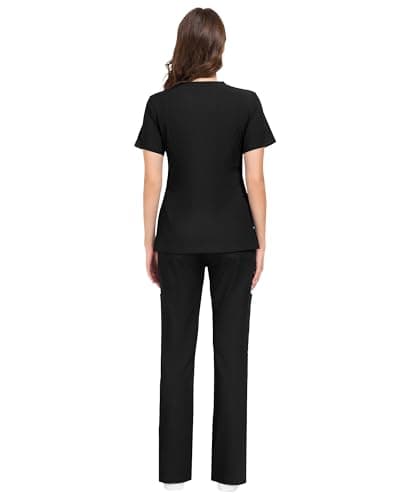 COMENII Scrubs for Women Set, V-Neck Top & Straight Leg Pants with 11 Pockets, Stretch Comfortable Womens Scrub Sets-R-Black M