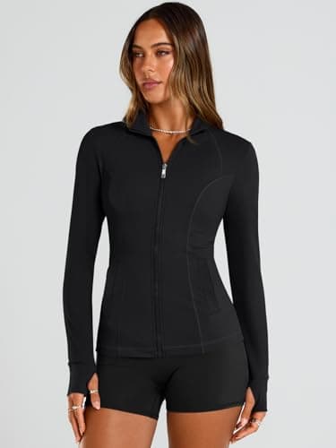 Trendy Queen Womens Lightweight Zip Up Jackets 2026 Athletic Workout Hoodies Spring Shirt Fitted Gym Clothes with Pocket Black M