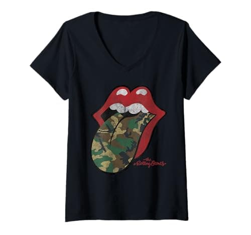 Womens Official Rolling Stones Distressed Camo Tongue V-Neck T-Shirt