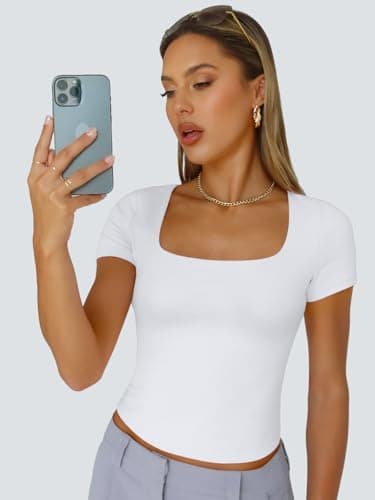 Trendy Queen Double Lined Short Sleeve Tshirts for Women Square Neck Cute Crop Top Spring Summer Basic Tees Workout Going Out White XXS