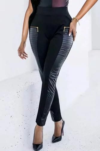 Flamingals Faux Leather Mid Waisted Tummy Control Motorcycle Leggings for Women Stretchy with Pockets Patch Zip Black M