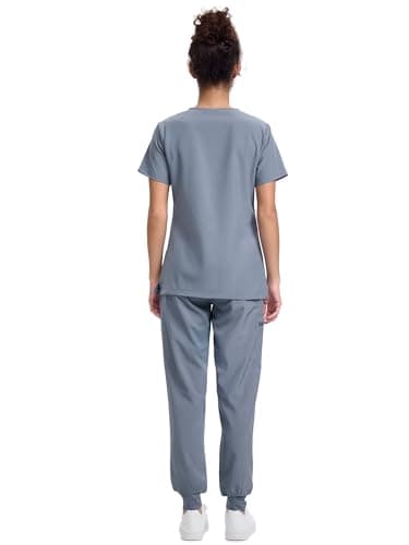 floralhue Scrubs for Women, V-Neck Scrubs Top & Cargo Pants with 10 Pockets, Rock Grey, S