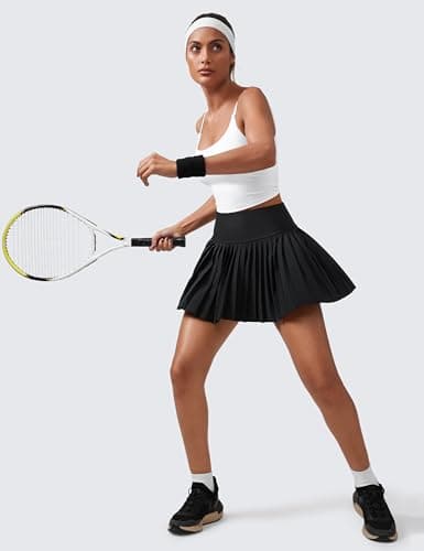 CRZ YOGA Women's High Waisted Pleated Tennis Skirts with Pockets Tummy Control Casual Liner A Line Workout Golf Skorts Black Medium