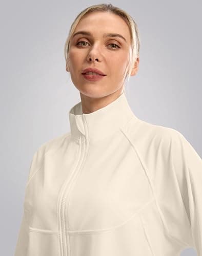 Soothfeel Women's Athletic workout Jacket Lightweight UPF 50+ Long Sleeve Sun Protection Shirts Zip Up Cropped Hiking Tops (Bone, S)