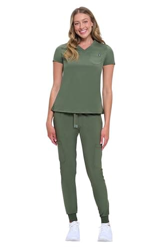 Natural Uniforms Womens Cool Stretch Modern Tuck-In Top Yoga Jogger Scrub Set (Olive, Medium)