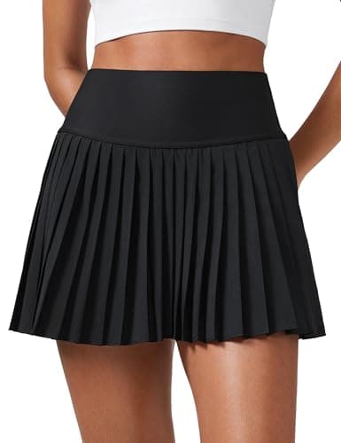 CRZ YOGA Women's High Waisted Pleated Tennis Skirts with Pockets Tummy Control Casual Liner A Line Workout Golf Skorts Black Medium