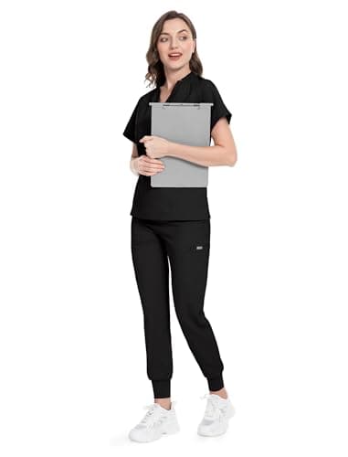 Niaahinn Women's Scrub Top with Classic V-Neck & Yoga Jogger Pants Medical Nursing Uniform Scrub Set (Black, M)