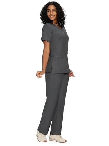 COZYFIT Scrubs for Women - Mock Wrap Top & Straight Leg Pants with 6 Pockets, Back Princess Seams, Soft Fabric Medical Scrubs Set Workwear for Women, Rock Grey, M