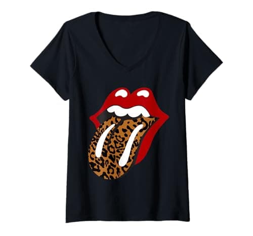 Womens Rolling Stones Classic Leopard Tongue V-Neck T-Shirt