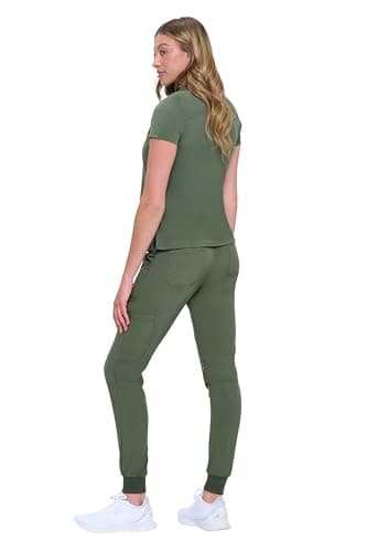 Natural Uniforms Womens Cool Stretch Modern Tuck-In Top Yoga Jogger Scrub Set (Olive, Medium)