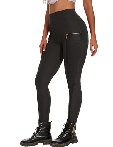 DAOAO Faux Leather Leggings for Women Elastic Mid Waisted Stretchy Patch Zip Punk Pleather Pant Black L