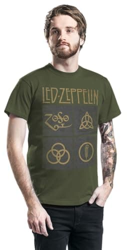 Led Zeppelin T Shirt Gold Symbols Logo Black Square Official Mens Green Size M