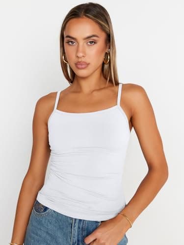 Trendy Queen Womens Tank Summer Tops Spring 2026 Camisole Square Neck Teen Y2k Cute Spaghetti Crop Going Out Girls Sleeveless Fashion Shirts Clothes Outfits Basic Workout Gym Casual White XL