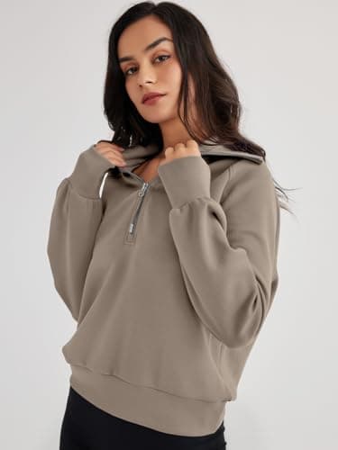 Trendy Queen Women's Oversized Quarter Zip Sweatshirts - Cropped Drop Shoulder Hoodie, Soft Y2K Pullover for Fall and Winter CoffeeGrey M