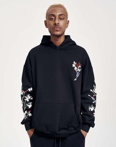 Niepce Inc Streetwear Men's Magpie Embroidered Heavyweight Graphic Hoodies (black-magpie, Large)