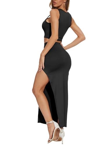 ELLEVEN Two Piece Maxi Skirt Sets for Women Summer Sexy Outfits 2 Piece Sets Sleeveless Square Neck Crop Tank Top and High Side Slit Bodycon Skirt Slim Fit Dress Sets Going Out Outfits Black Medium