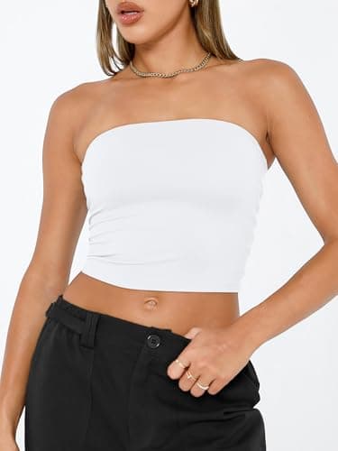 Trendy Queen Womens Tube Tops Strapless Crop Tops Basic Backless Sleeveless Going Out 2026 Spring Outfits Summer Clothes White M