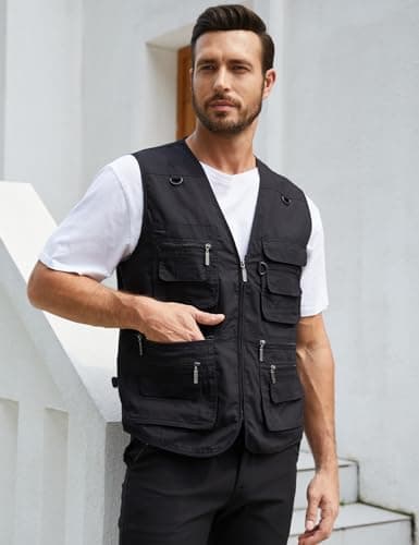 Gihuo Men's Fishing Vest Utility Safari Travel Vest with Pockets Outdoor Work Photo Cargo Fly Summer Vest（Large，Black）