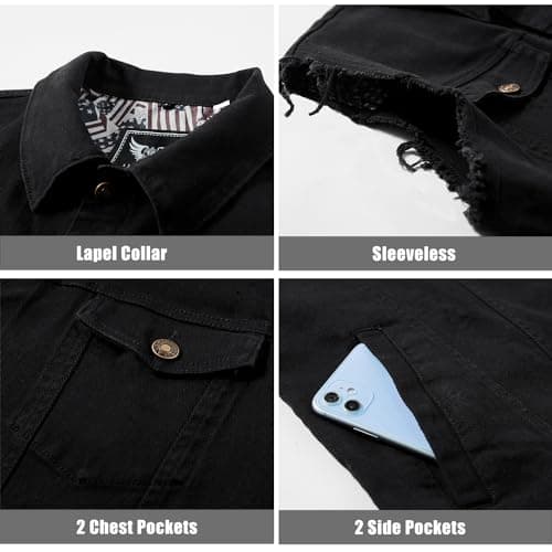 RongYue Men's Casual Button-Down Trucker Denim Vest (Black, X-Large)