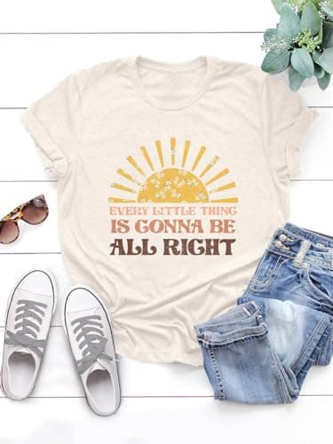 LINDOCITA Every Little Thing is Gonna Be All Right Shirt Womens Summer Sunshine Graphic Tees Beige L