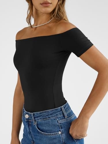 Trendy Queen Summer Off The Shoulder Tops for Women Going Out Short Sleeve Shirts Cute Y2K Sexy Basic Clothes 2026 Fashion Black M