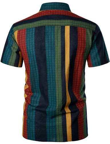 PARKLEES Men's Linen 70s Hippie Style Floral Print Shirt Short Sleeve Button Down Hawaiian Shirts Colorful Stripe Large