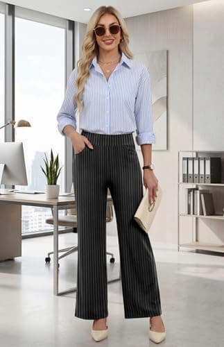 Sampeel Striped Pants Women Petite Wide Leg Palazzo Halara Dress Work Pants Women Pantalones De Vestir para Mujer Ladies Office Slacks with Pockets Striped Black M