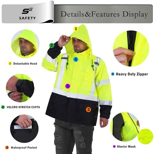 sesafety Hi Vis Rain Jacket, Rain Suits for Men Waterproof withBlack Bottom, Rain Coats for Men Interior Mesh, Class 3 HighVisibility Rain Gear,Removable Hood