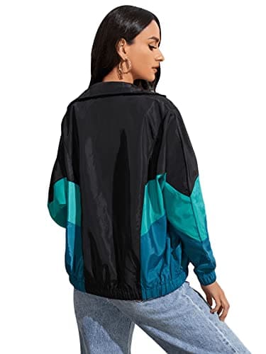 SweatyRocks Women's Lightweight Windbreaker Patchwork Zipper Sport Jacket Coat Outerwear Teal Black L