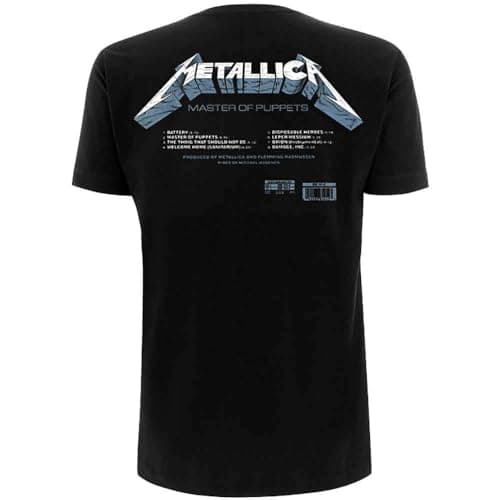 Metallica T Shirt Master of Puppets Tracks Band Logo Official Mens Black Size S