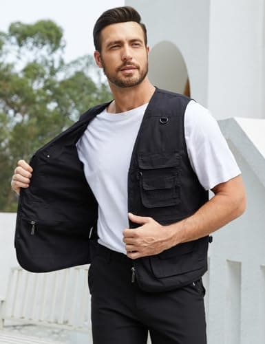 Gihuo Men's Fishing Vest Utility Safari Travel Vest with Pockets Outdoor Work Photo Cargo Fly Summer Vest（Large，Black）