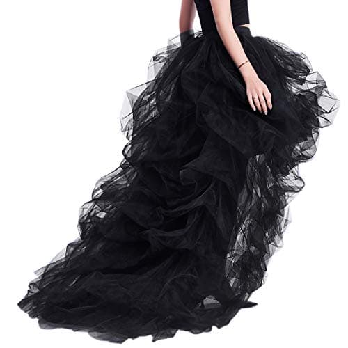 WDPL Women's Long High Low Skirts Ruffles Prom Party Tulle Skirt (Black, Medium)