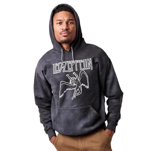 Bioworld Led Zeppelin Falling Icarus Logo Long Sleeve Black Cloud Wash Hooded Sweatshirt-Large