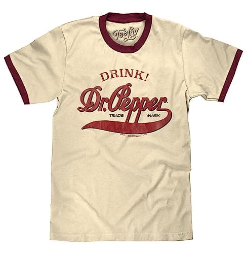 Tee Luv Men's Retro Drink Dr Pepper Ringer Tee Shirt, Natural/Maroon, L