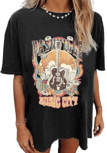 Oversized Rock Band T-Shirt Women Country Music Shirt Tops Nashville Music City Tshirt Vintage Guitar Wings Graphic Tees(Small,Black)