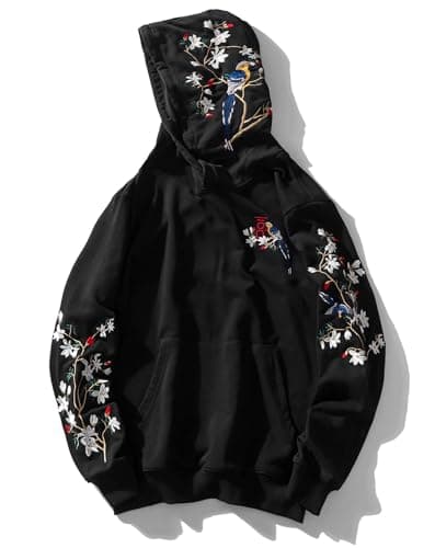Niepce Inc Streetwear Men's Magpie Embroidered Heavyweight Graphic Hoodies (black-magpie, Large)