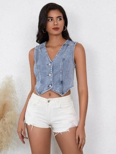 SHENHE Women's Denim Vest Button Down Sleeveless Jean Vest Top Y2K Cropped Denim Top Summer Western Outfits Blue Small