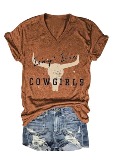 Retro Steer Skull Shirts Women V-Neck Western Cowgirl Graphic Tees Casual Shirt Tops(Brown,L)