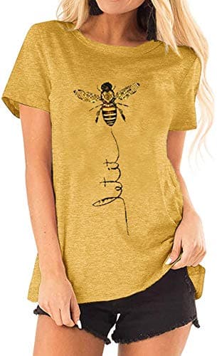 Pfvkeree Womens Cute Bee Graphic Tee Shirts Short Sleeve Let It Bee Funny Letter Print Summer T-Shirt Tops Yellow