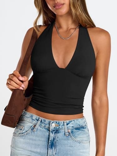 Trendy Queen Double Lined Halter Top for Women Open Back Backless Deep V Neck Crop Top Summer Teen Going Out Party Clubbing Black M