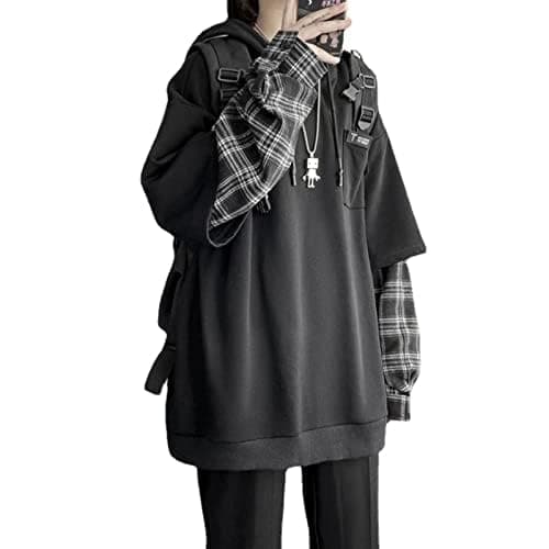 YUESUO Emo Streetwear Vintage Hoodie Women Men Oversized Sweatshirt Punk Patchwork Pullovers Grunge Plaid Hoodie Clothes (Black,2XL,US)