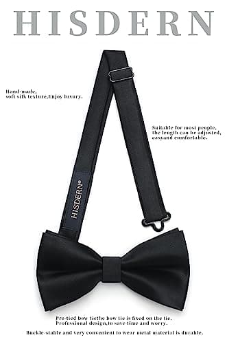 HISDERN Black Bow Ties for Men Bowties Pretied Solid Color Classic Satin Bow Tie Formal Business Tuxedo Adjustable Bowtie for Wedding Party