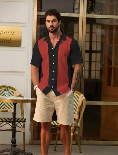 Hardaddy Men's Vintage Bowling Shirt 1950s Short Sleeve Casual Button Down Summer Beach Camp Collar Shirts Wine Red XL