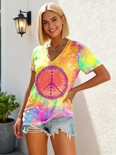 Women Hippie Shirt 60s 70s Peace Love Graphic Tie Dye V-Neck Tshirt Vintage Hippie Style Tee Tops