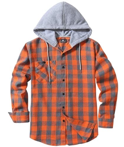 ZITY Men's Flannel Hoodie Shirts Casual Button Down Plaid Shirt Jackets for Men Long Sleeve Stylish Hooded with Pocket Orange Grey Large