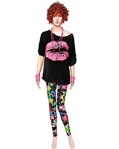 Blulu 80s Women Costume Set, T Shirt, Legging Pants Earring Necklace Gloves Bracelet (Medium,Short Sleeve Spray Printing)