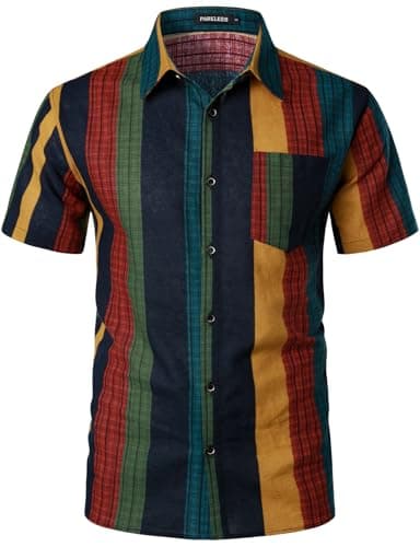 PARKLEES Men's Linen 70s Hippie Style Floral Print Shirt Short Sleeve Button Down Hawaiian Shirts Colorful Stripe Large