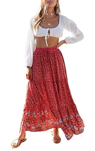 ZESICA Women's 2026 Summer Bohemian Floral Printed Elastic Waist A Line Maxi Skirt with Pockets Red#2 Medium