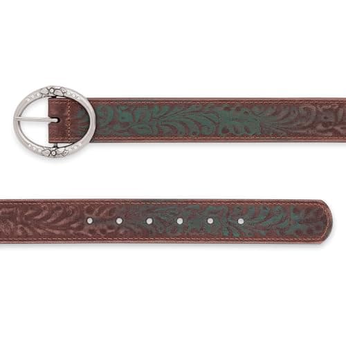 BC Belts Distressed and Embossed Brown Teal Leather Belt with Rhinestone Ring Buckle - Vintage Western Style for Women (M)