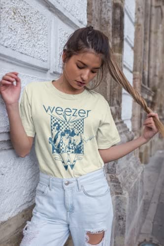 American Classics Weezer Rock Music Band & Logo Vintage Style Adult Short Sleeve Graphic Tees, Off-White